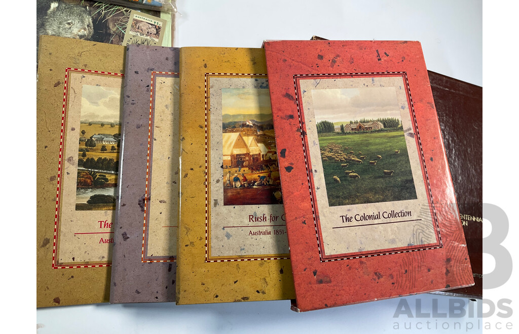 Collection of Australian Stamp Packs Including Stamp Collecting Kit, the Colonial Collection, 1988 Bicentennial Set, 50th Anniversary Women in Parliament Mint Sheet, 1986/87 Winning and Defending the Cup Post Cards, Book, Poster Bag