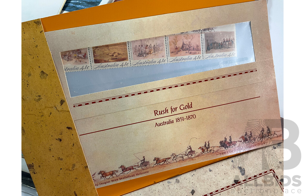 Collection of Australian Stamp Packs Including Stamp Collecting Kit, the Colonial Collection, 1988 Bicentennial Set, 50th Anniversary Women in Parliament Mint Sheet, 1986/87 Winning and Defending the Cup Post Cards, Book, Poster Bag