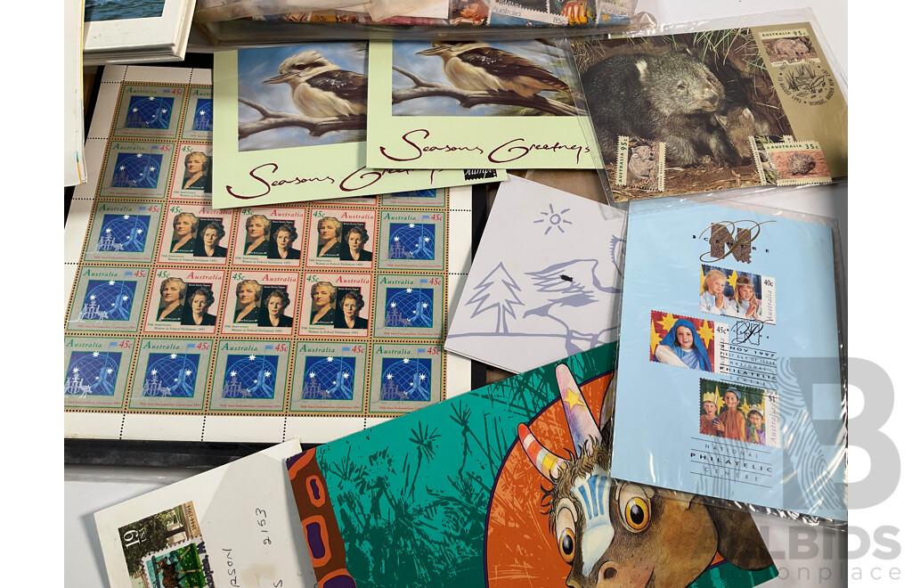 Collection of Australian Stamp Packs Including Stamp Collecting Kit, the Colonial Collection, 1988 Bicentennial Set, 50th Anniversary Women in Parliament Mint Sheet, 1986/87 Winning and Defending the Cup Post Cards, Book, Poster Bag