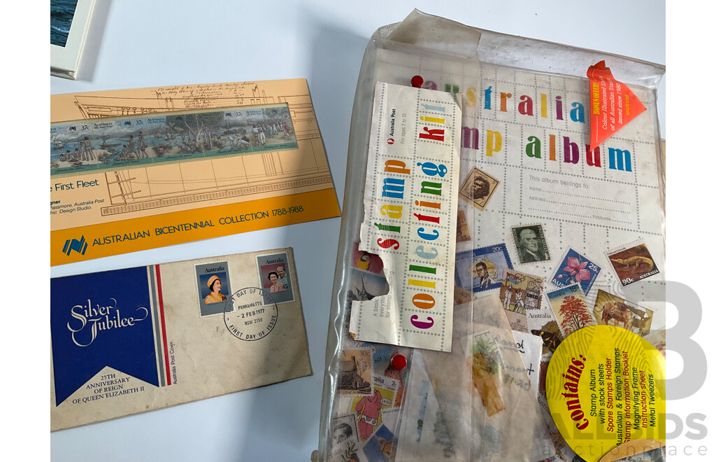 Collection of Australian Stamp Packs Including Stamp Collecting Kit, the Colonial Collection, 1988 Bicentennial Set, 50th Anniversary Women in Parliament Mint Sheet, 1986/87 Winning and Defending the Cup Post Cards, Book, Poster Bag