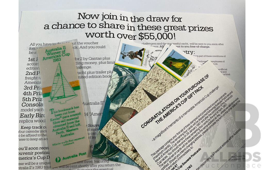 Collection of Australian Stamp Packs Including Stamp Collecting Kit, the Colonial Collection, 1988 Bicentennial Set, 50th Anniversary Women in Parliament Mint Sheet, 1986/87 Winning and Defending the Cup Post Cards, Book, Poster Bag