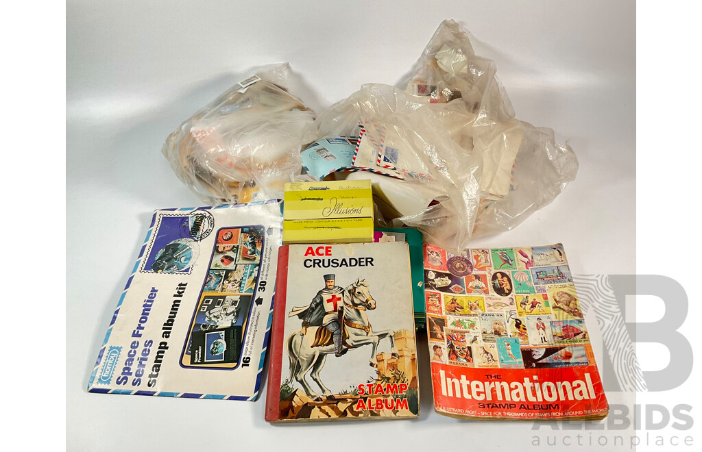 Collection of Cancelled Stamps and Albums Including Australian Predecimal, Ace Crusader Album, International Stamp Album