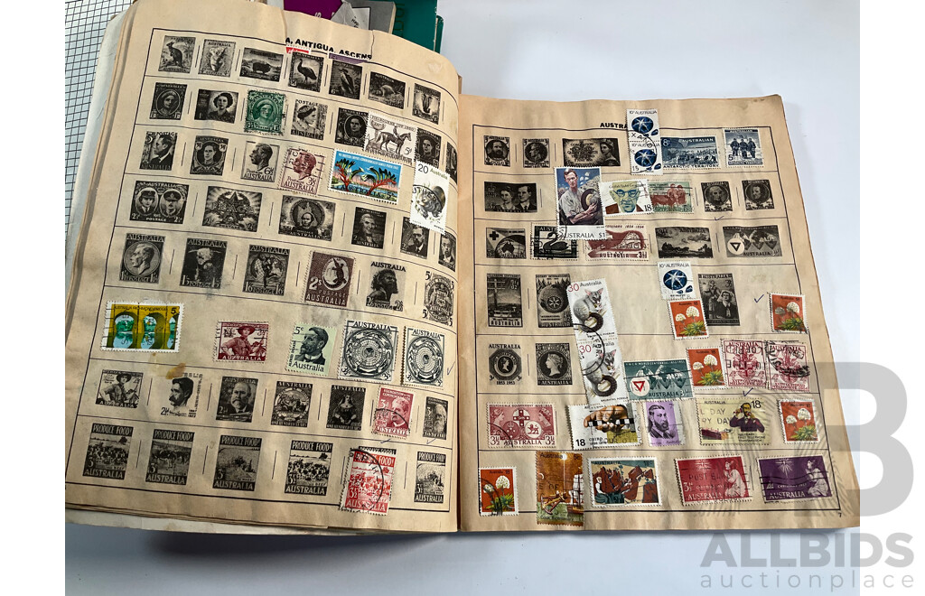 Collection of Cancelled Stamps and Albums Including Australian Predecimal, Ace Crusader Album, International Stamp Album