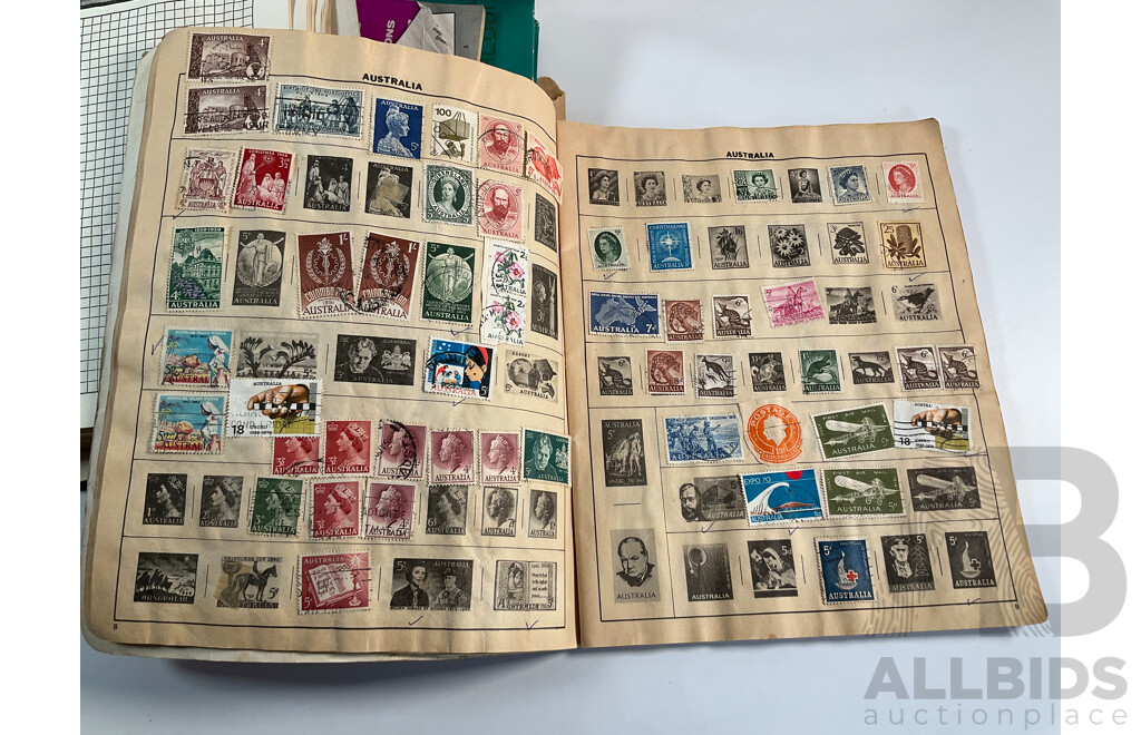 Collection of Cancelled Stamps and Albums Including Australian Predecimal, Ace Crusader Album, International Stamp Album