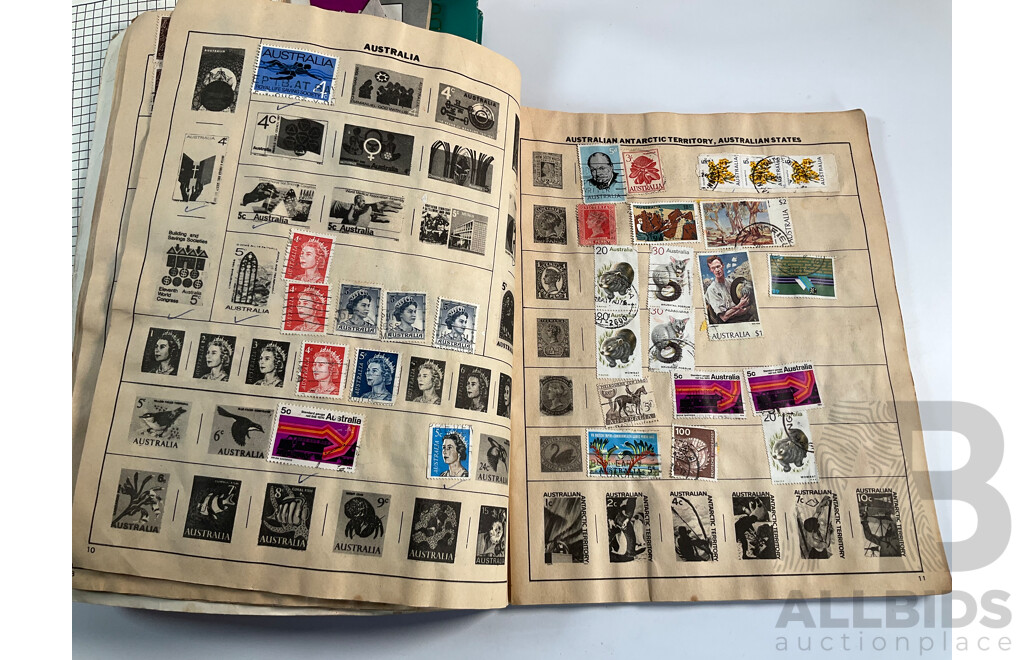 Collection of Cancelled Stamps and Albums Including Australian Predecimal, Ace Crusader Album, International Stamp Album