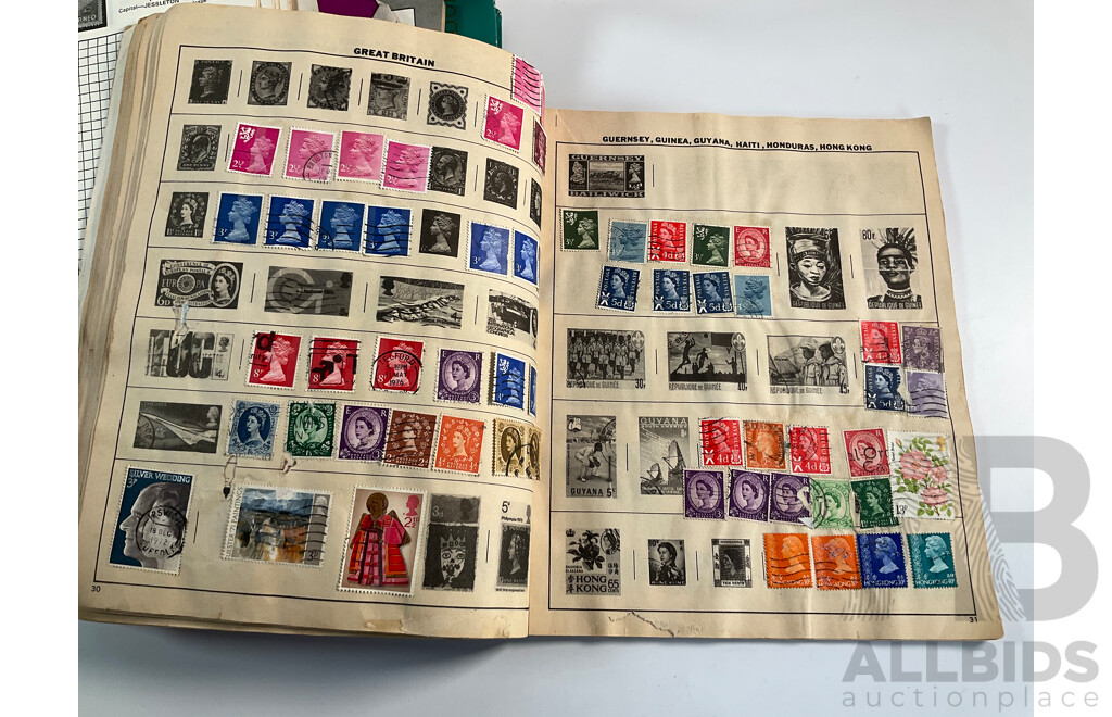 Collection of Cancelled Stamps and Albums Including Australian Predecimal, Ace Crusader Album, International Stamp Album