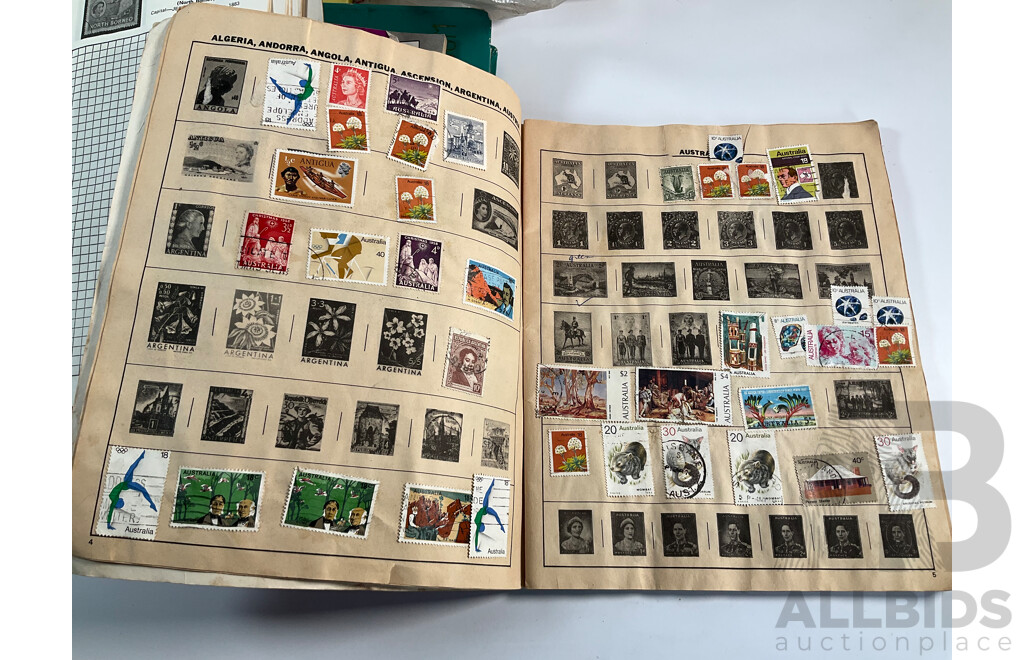 Collection of Cancelled Stamps and Albums Including Australian Predecimal, Ace Crusader Album, International Stamp Album