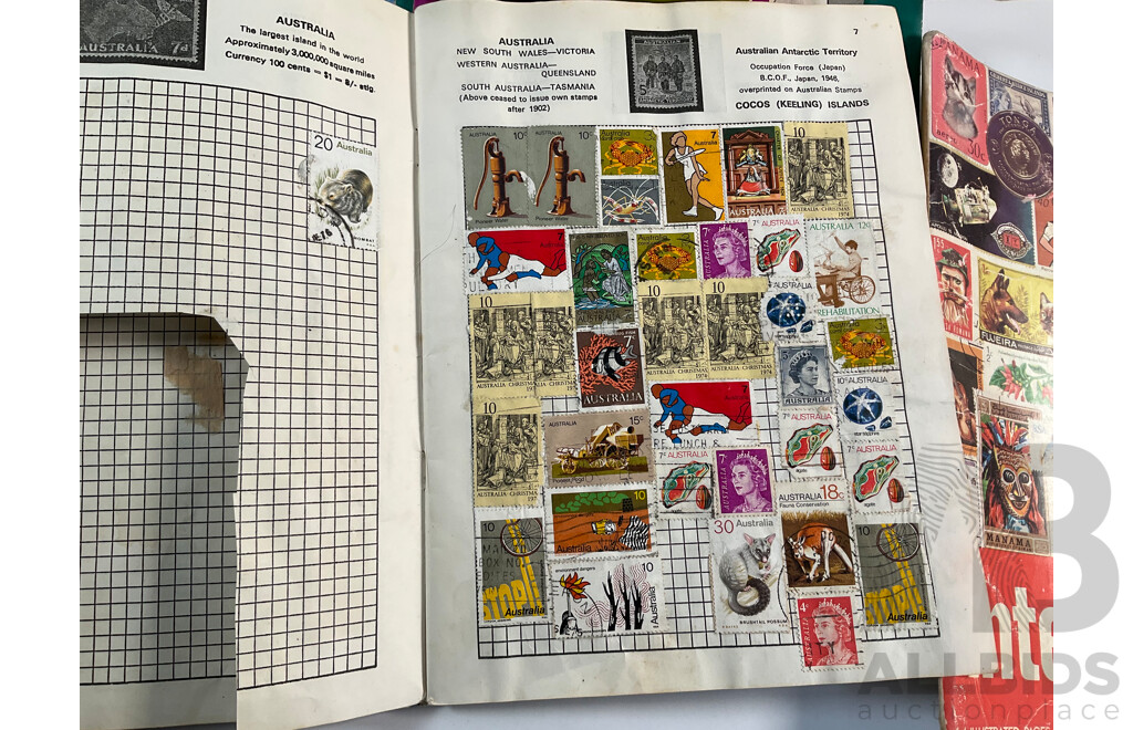 Collection of Cancelled Stamps and Albums Including Australian Predecimal, Ace Crusader Album, International Stamp Album