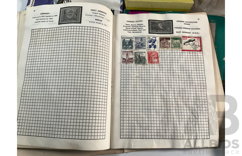 Collection of Cancelled Stamps and Albums Including Australian Predecimal, Ace Crusader Album, International Stamp Album