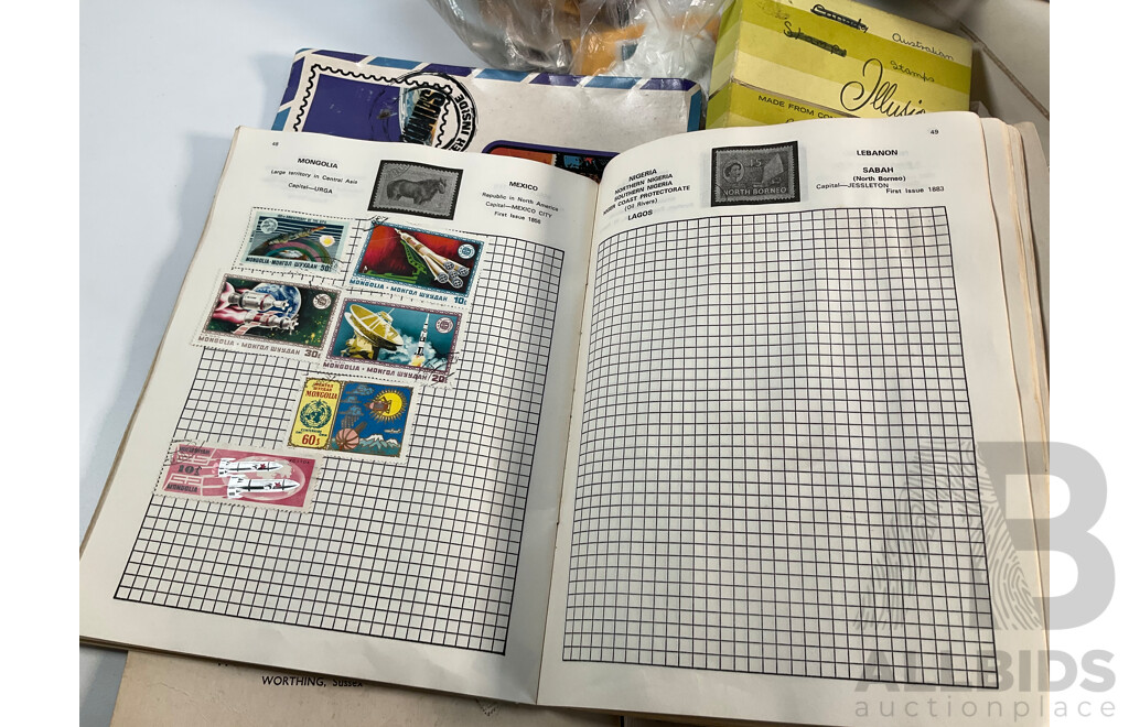 Collection of Cancelled Stamps and Albums Including Australian Predecimal, Ace Crusader Album, International Stamp Album