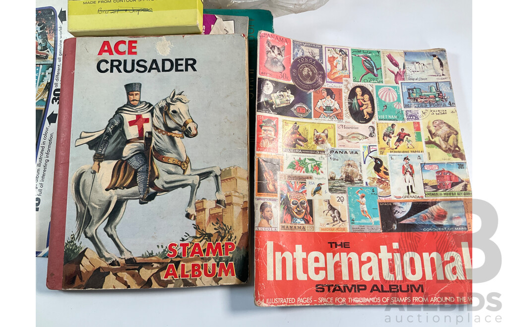 Collection of Cancelled Stamps and Albums Including Australian Predecimal, Ace Crusader Album, International Stamp Album