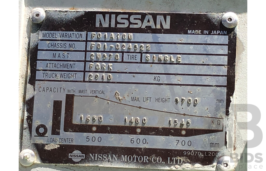 Nissan F01A18U LPG/Petrol Engine Powered Counterbalance Forklift