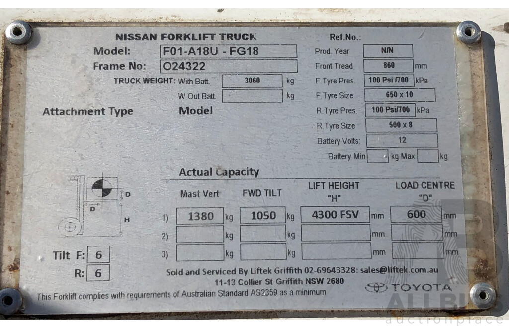 Nissan F01A18U LPG/Petrol Engine Powered Counterbalance Forklift