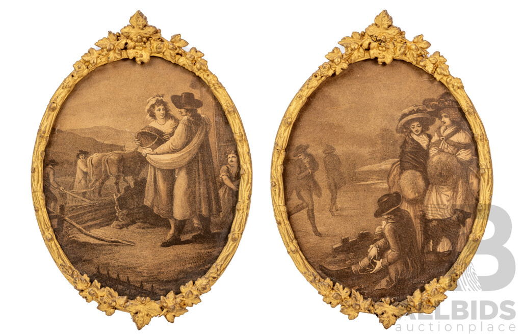 After William Hamilton (18th C., British, 1751-1801) & Francesco Bartolozzi (18th C., Italian, 1727-1815), January & February, Wonderful Pair of Antique Stipple Engravings, 31 X 21 Cm (frames)