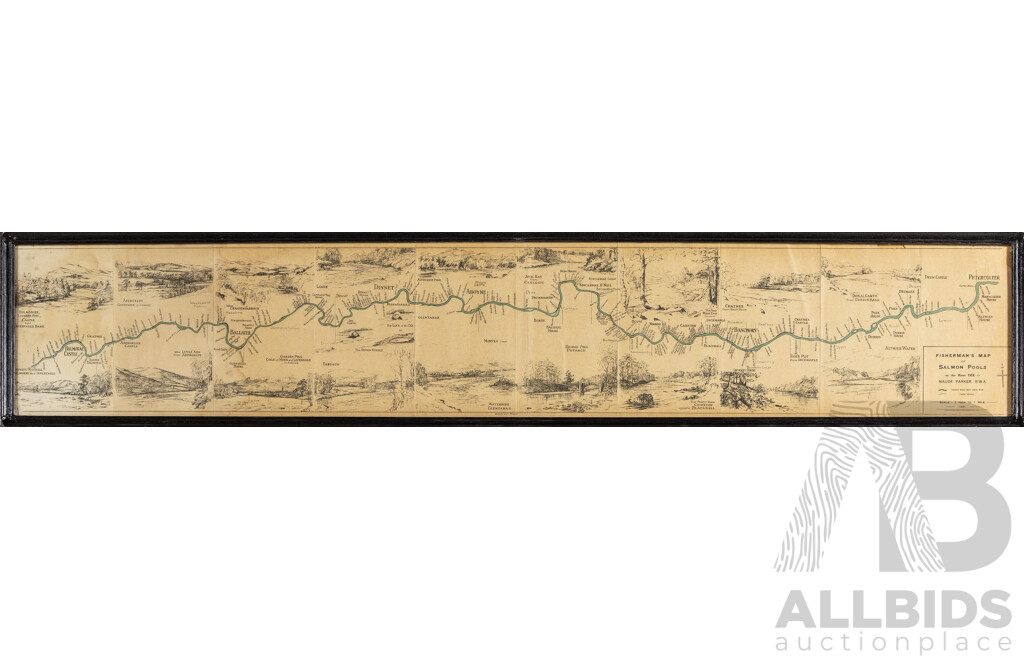 Maude Parker, (20th Century, British, 1904-1933?), Almost Antique Fisherman's Map of Salmon's Pools on the River Dee (c1931), 22 x 102 cm (frame)
