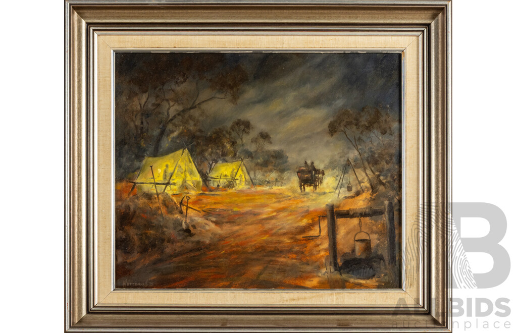 Robert Wettenhall (20th Century, Australian, 1937-), The Lights of Cobb & Co, Wild Bush and Scattered Remnants of Rushes (1975), Original Vintage Oil on Masonite, 60W x 36H cm (frame)