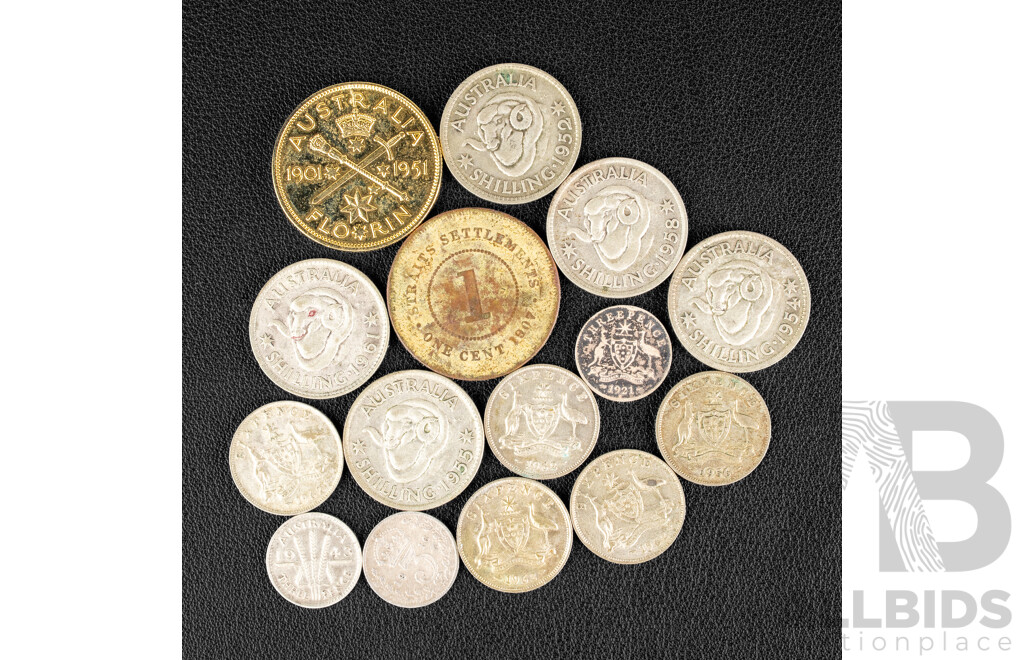 Collection of Australian Silver Coins Including Five Shillings 1954, 1952, 1955, 1958, 1961 Six Sixpence 1956, 1959, 1962(4) Two Threepence 1921, 1943, Gold Tone 1951 Florin, UK 1916 Threepence, Straits Settlements 1907 One Cent