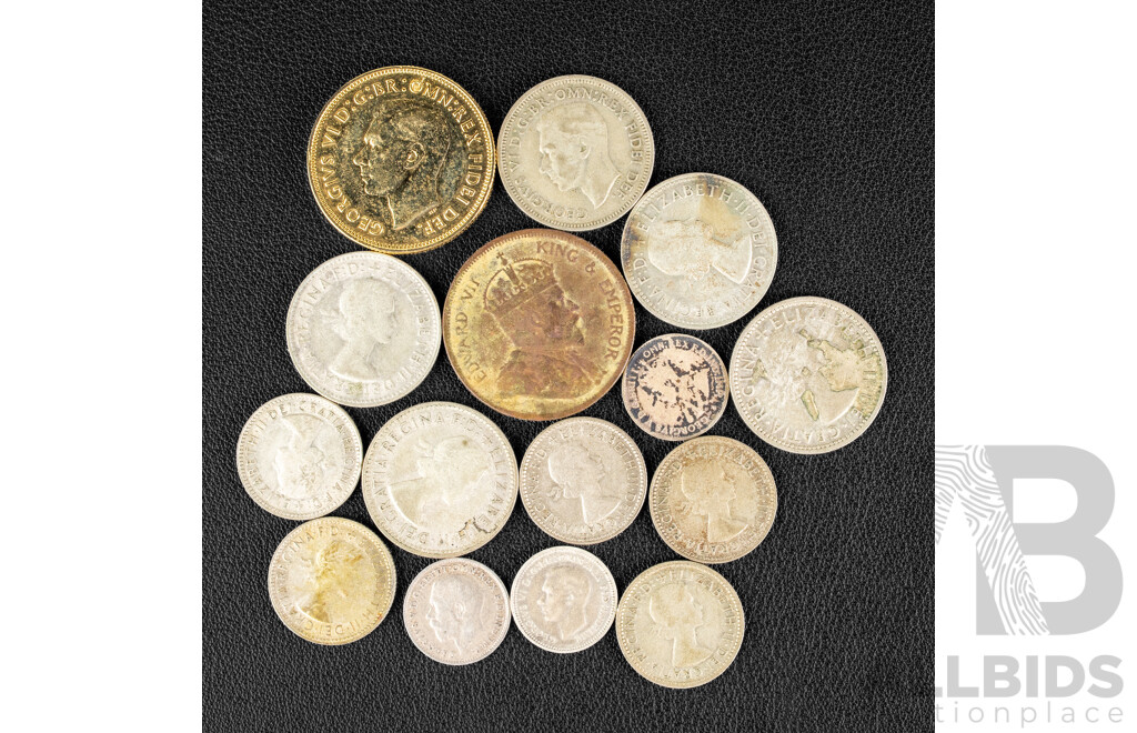 Collection of Australian Silver Coins Including Five Shillings 1954, 1952, 1955, 1958, 1961 Six Sixpence 1956, 1959, 1962(4) Two Threepence 1921, 1943, Gold Tone 1951 Florin, UK 1916 Threepence, Straits Settlements 1907 One Cent