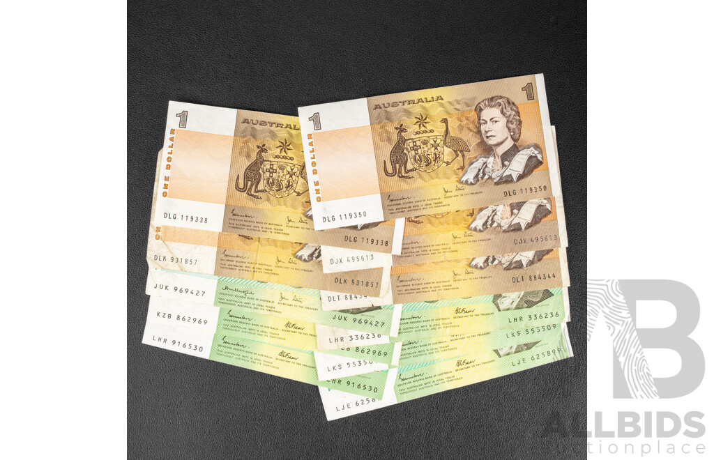 Collection of Australian One and Two Dollar Notes Including Five 1982 One Dollars, Johnston/Stone, Two Dollar 1979 Knight/Stone, Five 1985 Johnston/Fraser