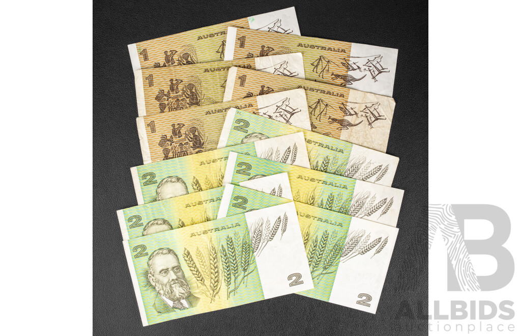 Collection of Australian One and Two Dollar Notes Including Five 1982 One Dollars, Johnston/Stone, Two Dollar 1979 Knight/Stone, Five 1985 Johnston/Fraser