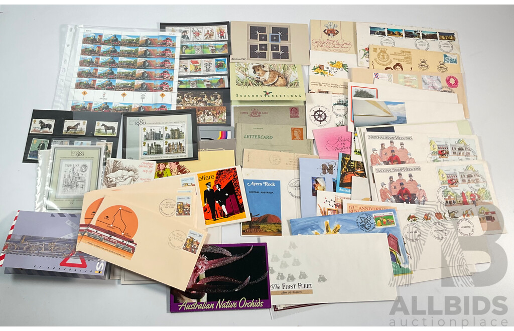 Collection of Australian Stamps, Stamp Packs, First Day Covers and Letter Cards Spanning 1960's to 2000's Including Train Themed, 1994 International Year of the Family PNC, Sets and More