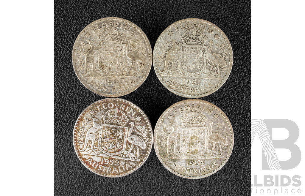 Four Australian Silver Florins Including 1947, 1951, 1952, 1954 .500