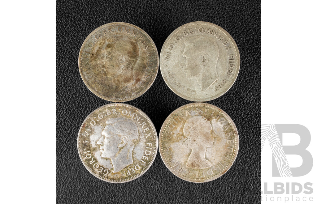 Four Australian Silver Florins Including 1947, 1951, 1952, 1954 .500
