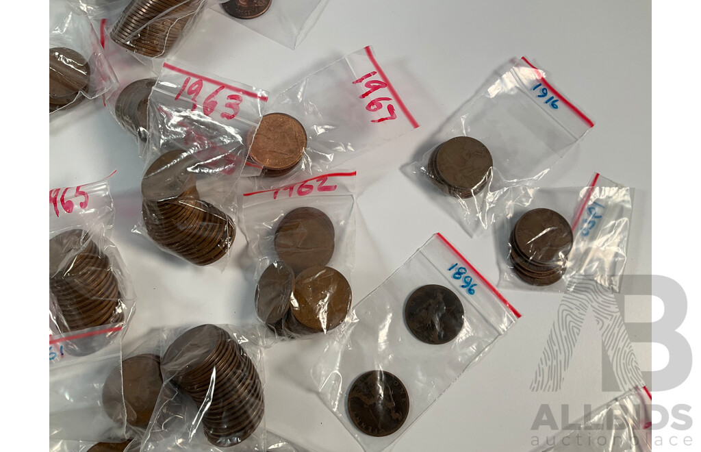 Collection of United Kingdom Pennies and Half Pennies, Examples Spanning 1896 to 1967, Bagged Into Years - Approximately 6.2 Kilograms