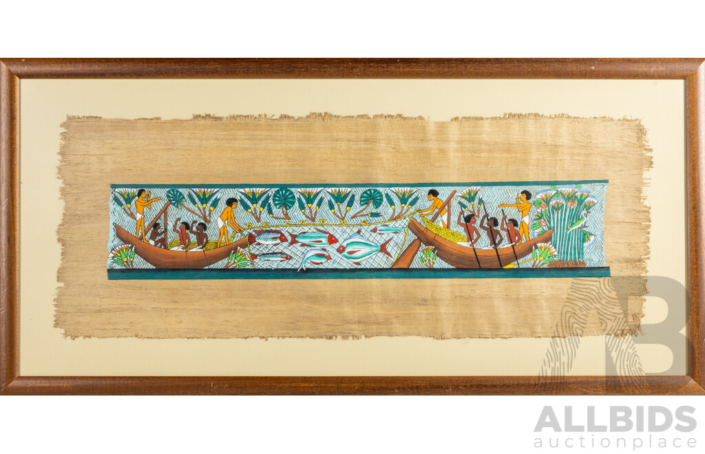 Artist Unknown (20th Century, Egyptian School), Fishing on the Nile, Handmade Papyrus Paper and Coloured Pigment, 103 W x 50 H cm (frame)