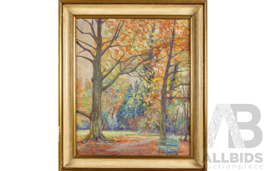 Domin Leverino, (20th Century), Park in Autumn, Original Antique Oil on Linen Cloth, 73 X 63 Cm (frame)