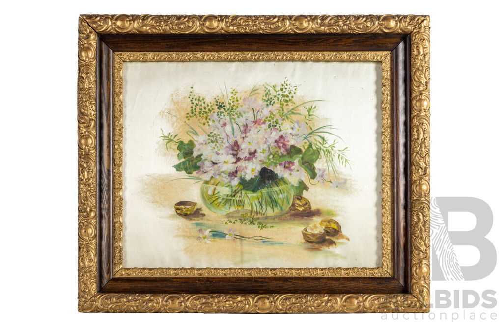 Signed Indistinctly, (20th Century), Wild Flowers & Walnuts, Original Vintage Watercolour on Silk Panel, 57 x 67 cm (frame)