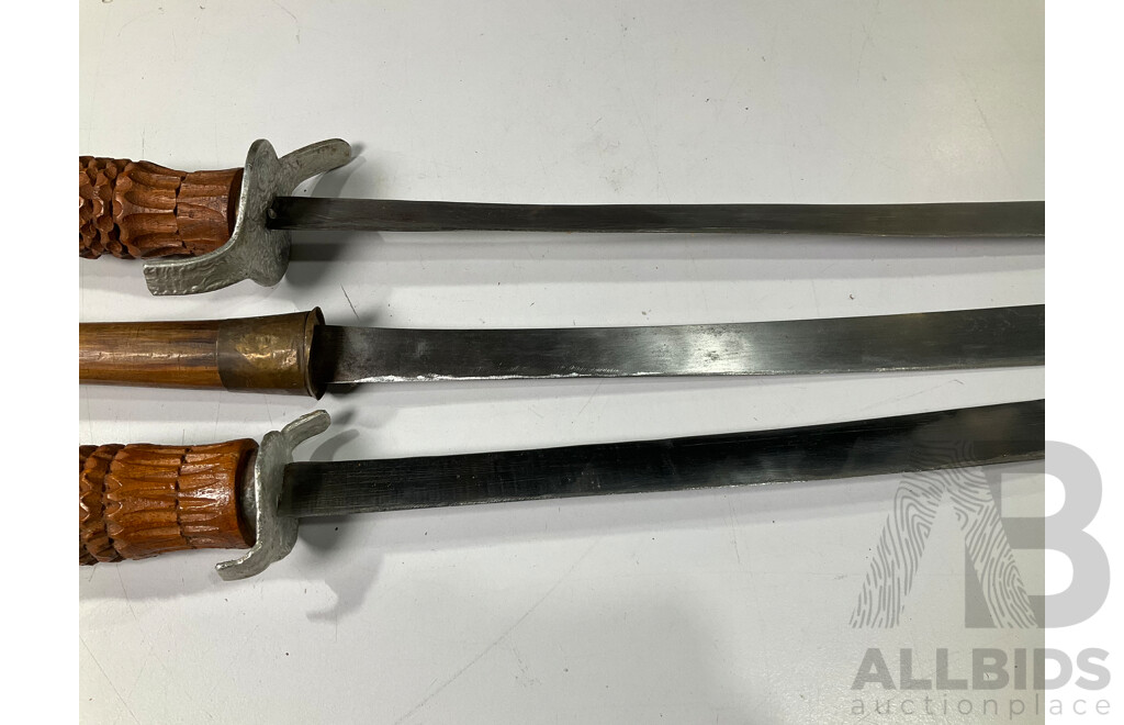 Three Vintage South East Asian Swords with Timber Scabbards