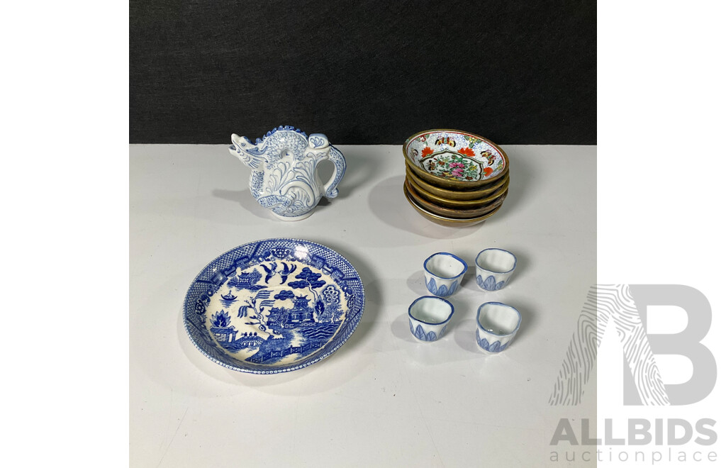 Vintage Chinese Blue and White Porcelain Dragon Tea Pot and Cups with Floral Condiment Bowl Set and Superior Under Glaze Dish