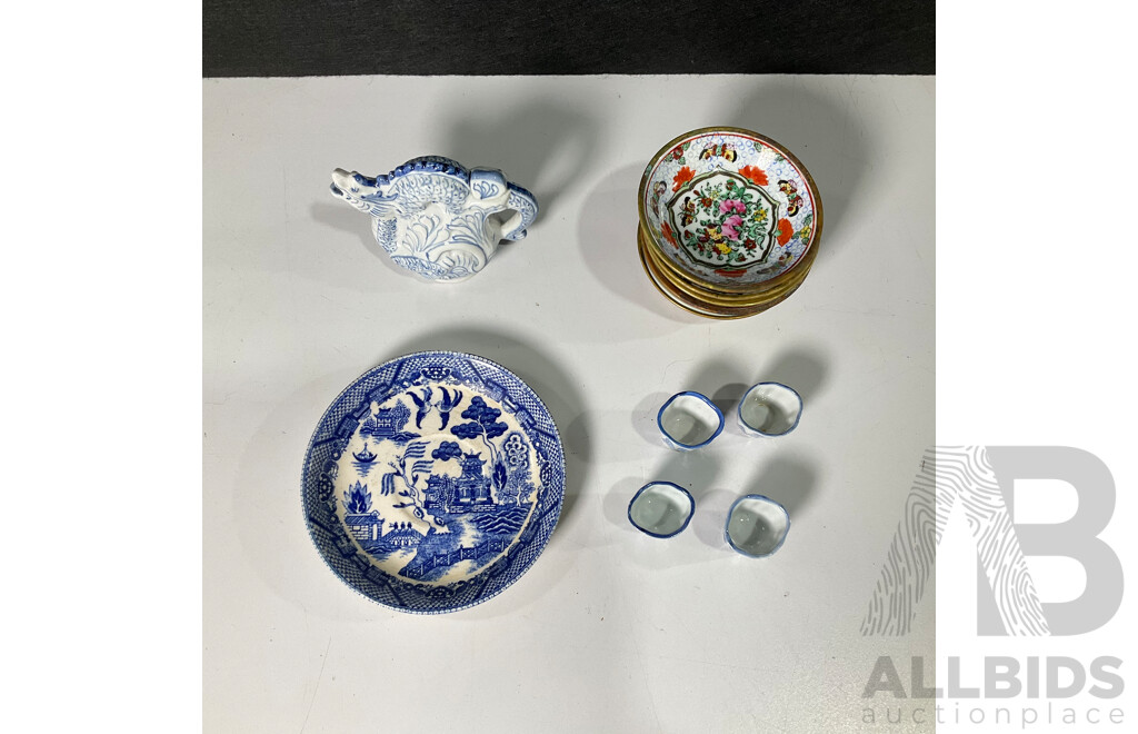 Vintage Chinese Blue and White Porcelain Dragon Tea Pot and Cups with Floral Condiment Bowl Set and Superior Under Glaze Dish