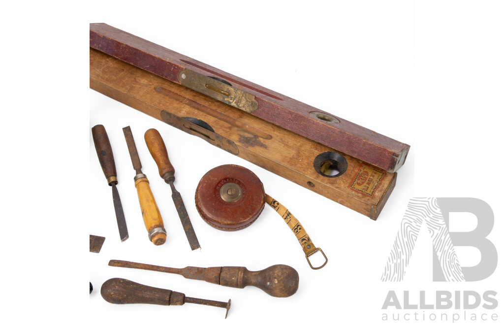 Collection of Vintage Wood Work Tools Including Carter Number Four Hand Plane, Timber Block Plane, Rabone Tape Measure, F.R Low and William Hunt Spirit Levels Lagbrand Square, Sliding Bevel, Spoke Shave, Chisels