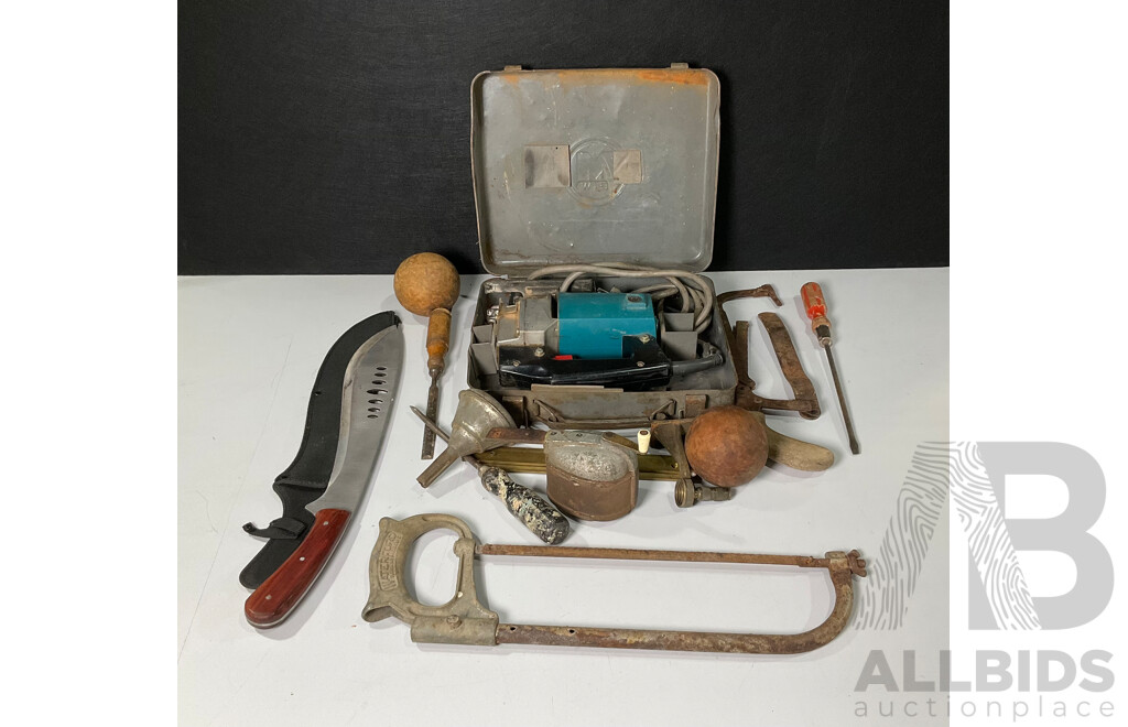 Collection of Vintage Tools Including Makita Jigsaw, Hacksaws, Screwdrivers, Machete, Boston Pencil Sharpener, Timber Juggling Balls
