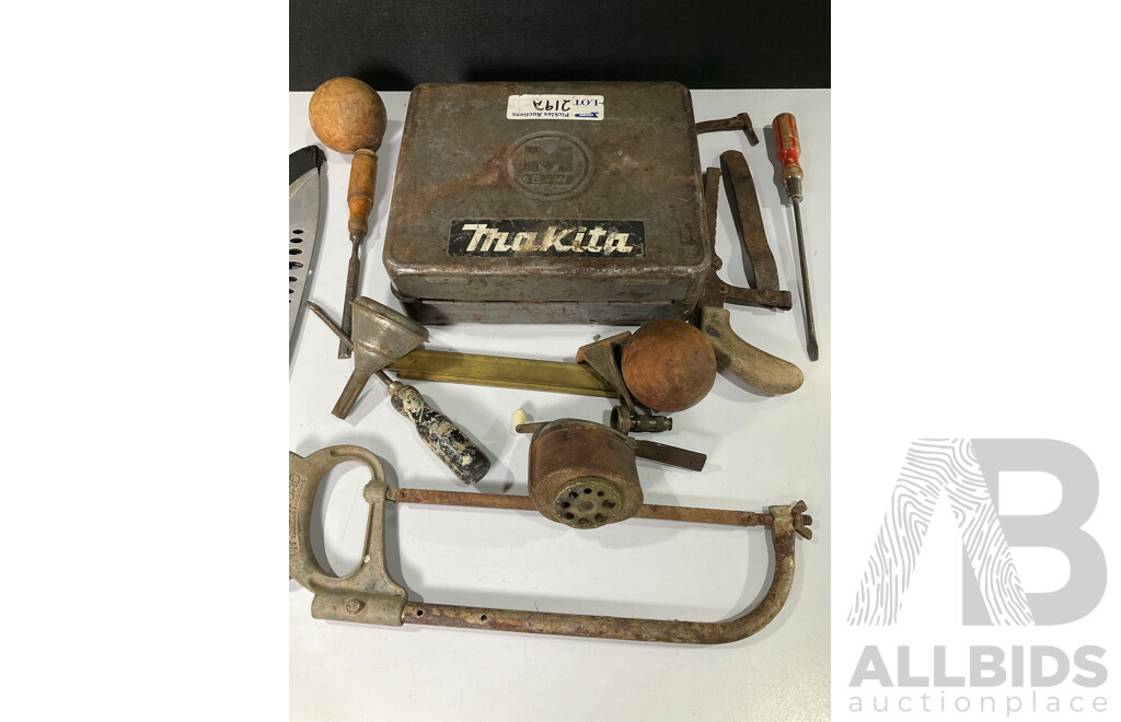 Collection of Vintage Tools Including Makita Jigsaw, Hacksaws, Screwdrivers, Machete, Boston Pencil Sharpener, Timber Juggling Balls