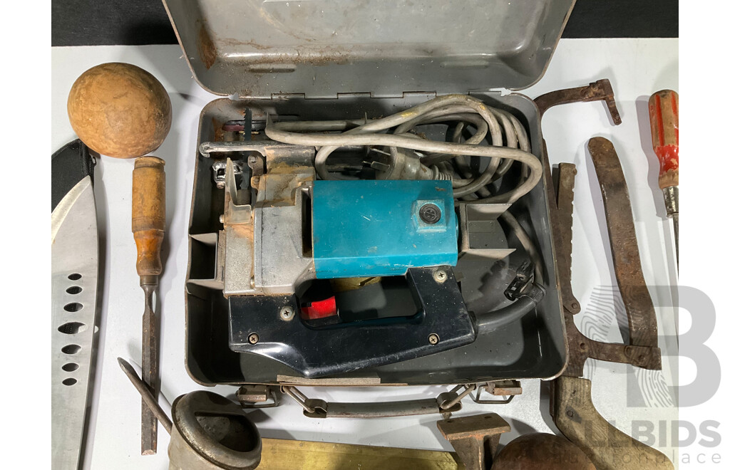 Collection of Vintage Tools Including Makita Jigsaw, Hacksaws, Screwdrivers, Machete, Boston Pencil Sharpener, Timber Juggling Balls