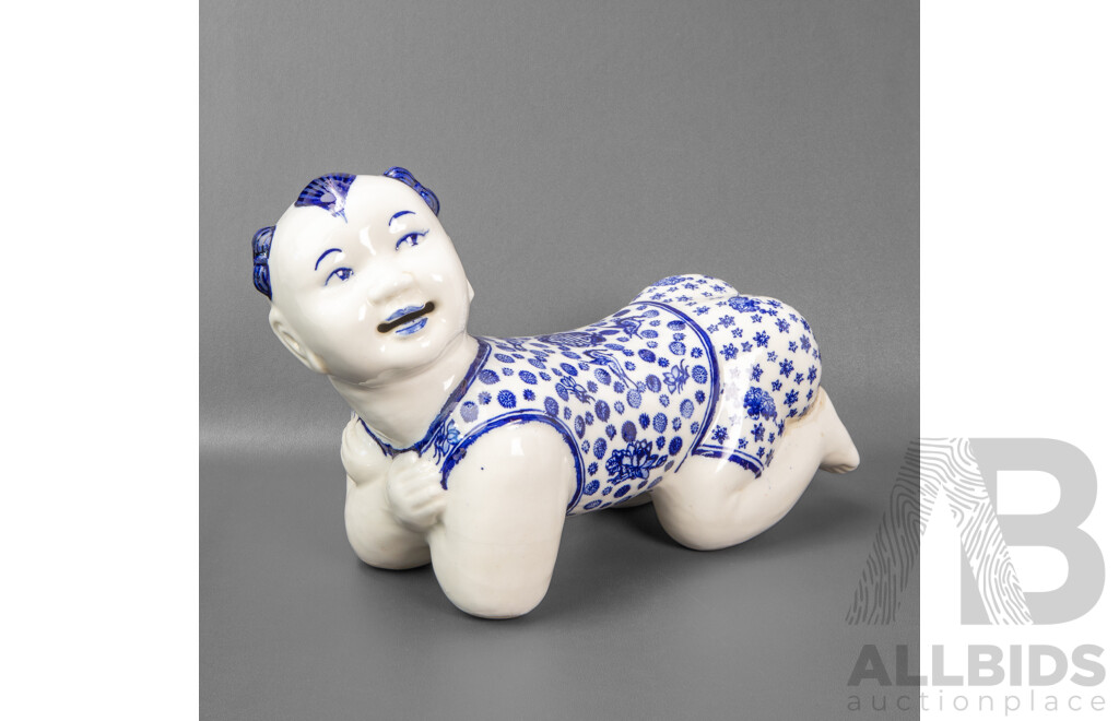 Vintage Chinese Blue and White Ceramic Crawling Baby Statue