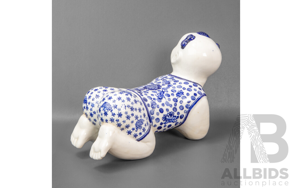Vintage Chinese Blue and White Ceramic Crawling Baby Statue