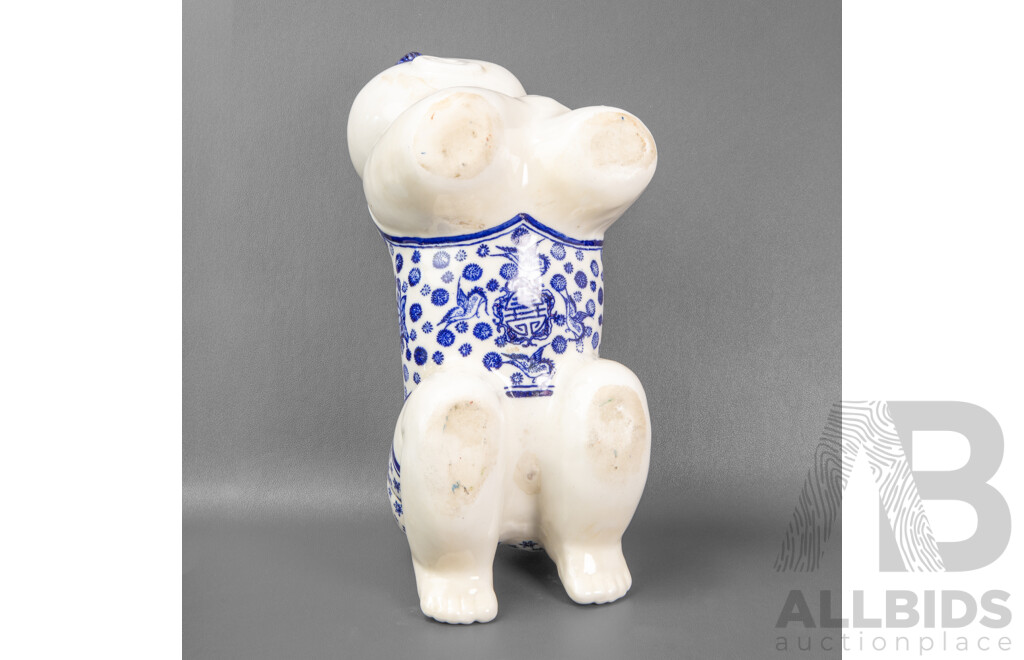 Vintage Chinese Blue and White Ceramic Crawling Baby Statue