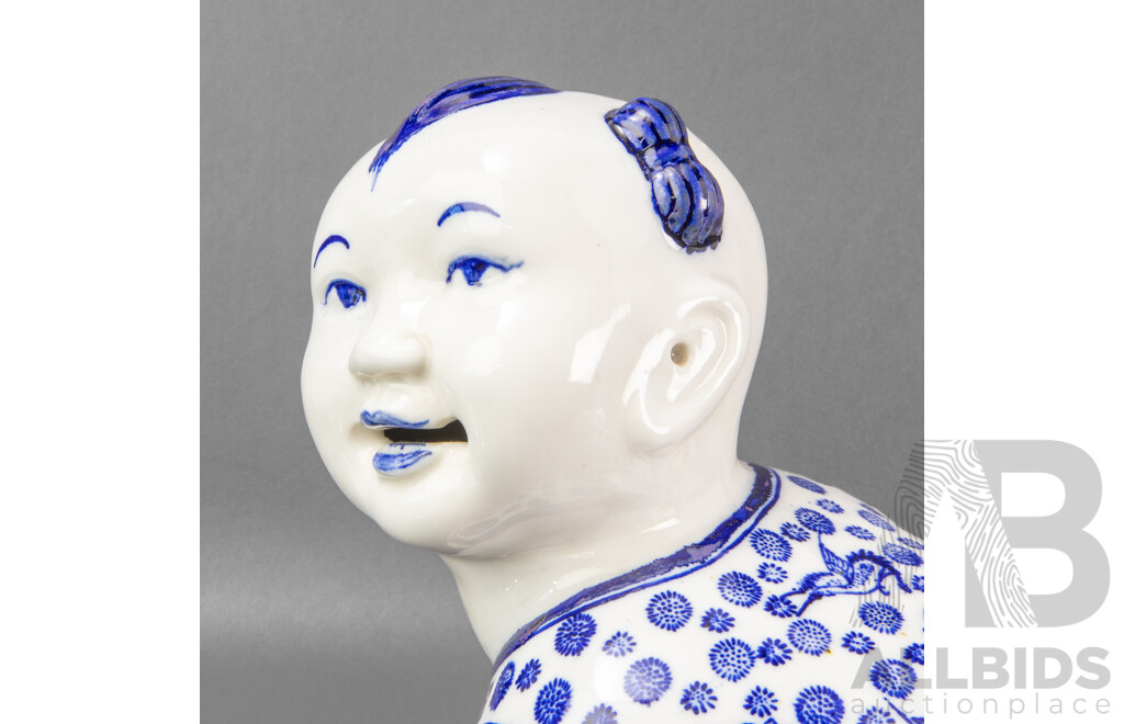 Vintage Chinese Blue and White Ceramic Crawling Baby Statue