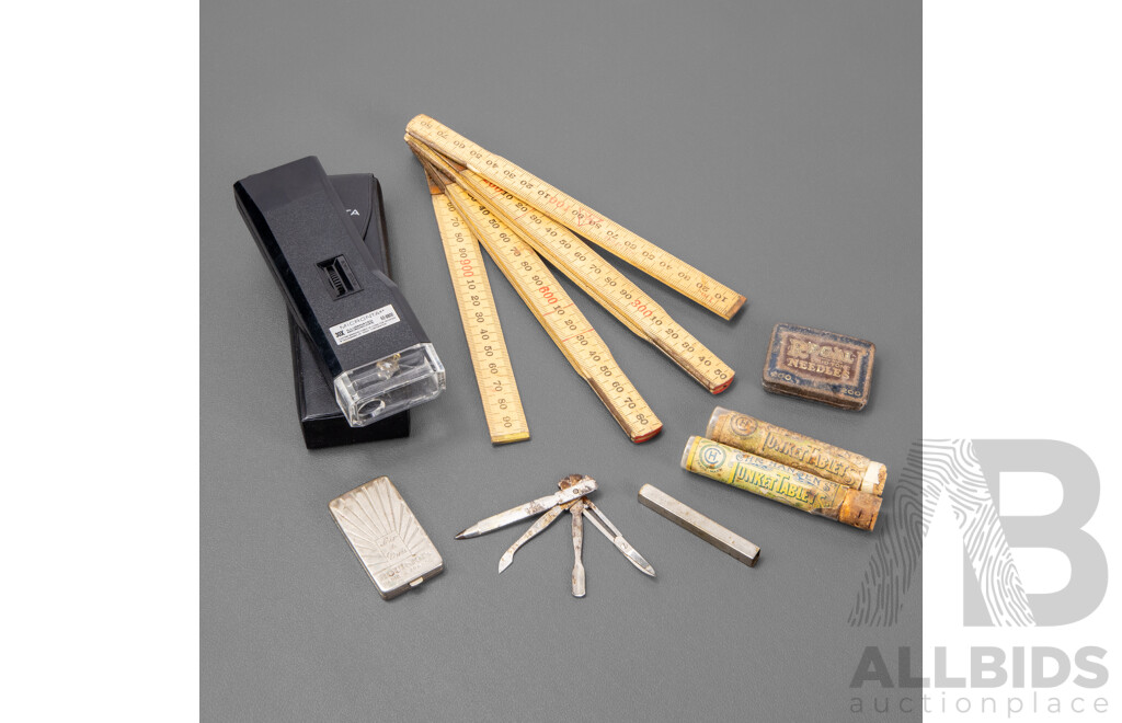 Micronta 30X Illuminated Microscope, Vintage Lingam & Ramen Company Fold Out Timber Ruler, Two Vintage Hansen's Junket Tablets Canisters, Regal Needle Tin, Soir De Paris Bourjois Make Up Container