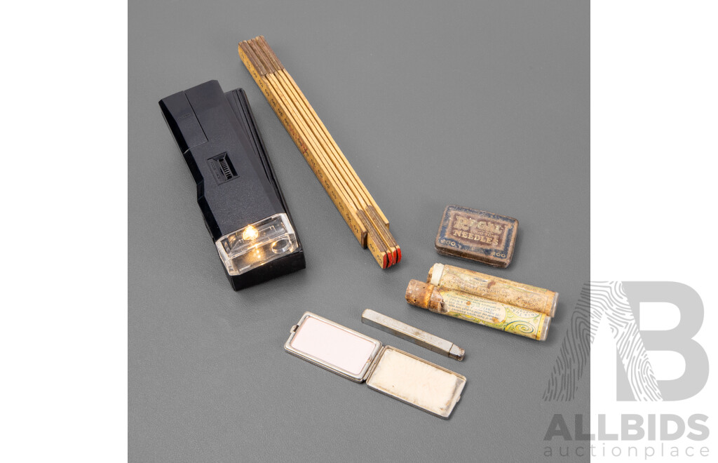 Micronta 30X Illuminated Microscope, Vintage Lingam & Ramen Company Fold Out Timber Ruler, Two Vintage Hansen's Junket Tablets Canisters, Regal Needle Tin, Soir De Paris Bourjois Make Up Container