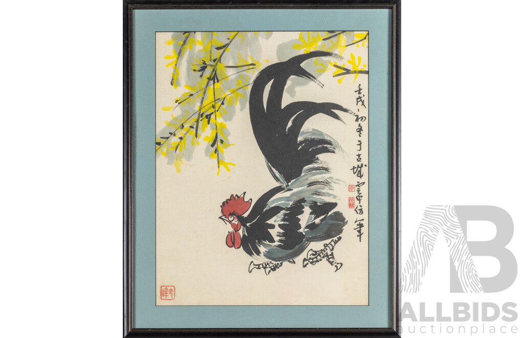 Chen Dayu (20th Century, 1912-2001), Rooster (1982), Original Vintage Ink & Wash on Rice Paper Panel, 69 H x 56 W cm (frame)