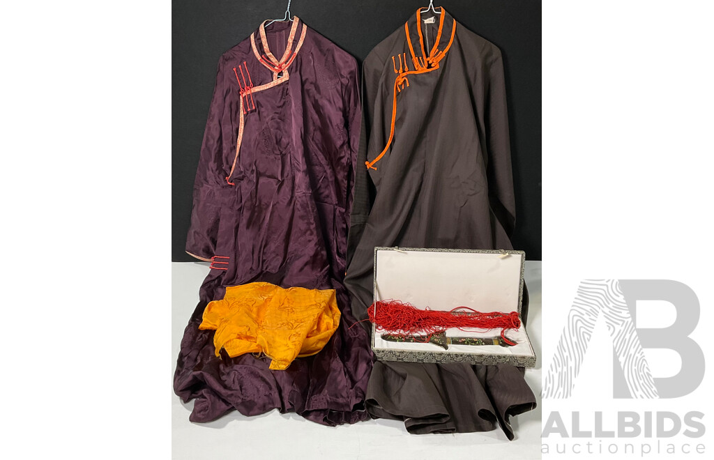 Collection Traditional Asian Dresses and Cloisonné Decorative Floral Sword