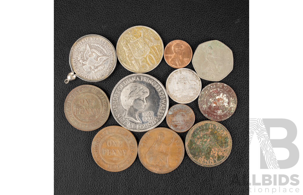 Australian 1966 Round Silver Fifty Cent Coin, 1916 M Silver One Shilling, 1919, 1935, 1943 Pennies, USA 1964 Kennedy Silver Half Dollar Pendant, United Kingdom 1997 Five Pounds, Diana, 1938 Penny, 1997 Fifty Pence