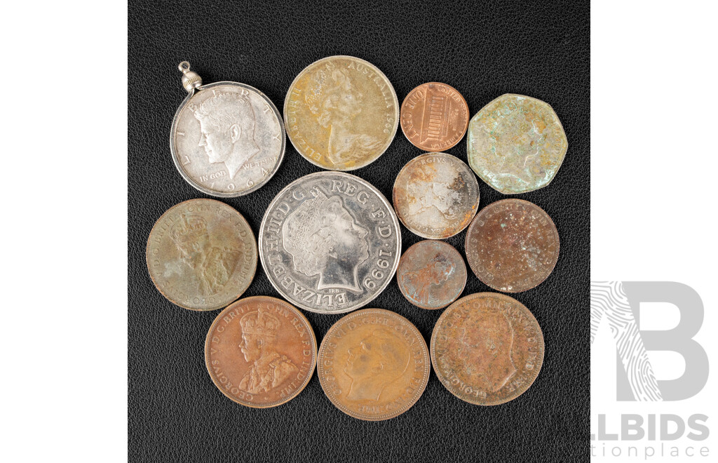 Australian 1966 Round Silver Fifty Cent Coin, 1916 M Silver One Shilling, 1919, 1935, 1943 Pennies, USA 1964 Kennedy Silver Half Dollar Pendant, United Kingdom 1997 Five Pounds, Diana, 1938 Penny, 1997 Fifty Pence