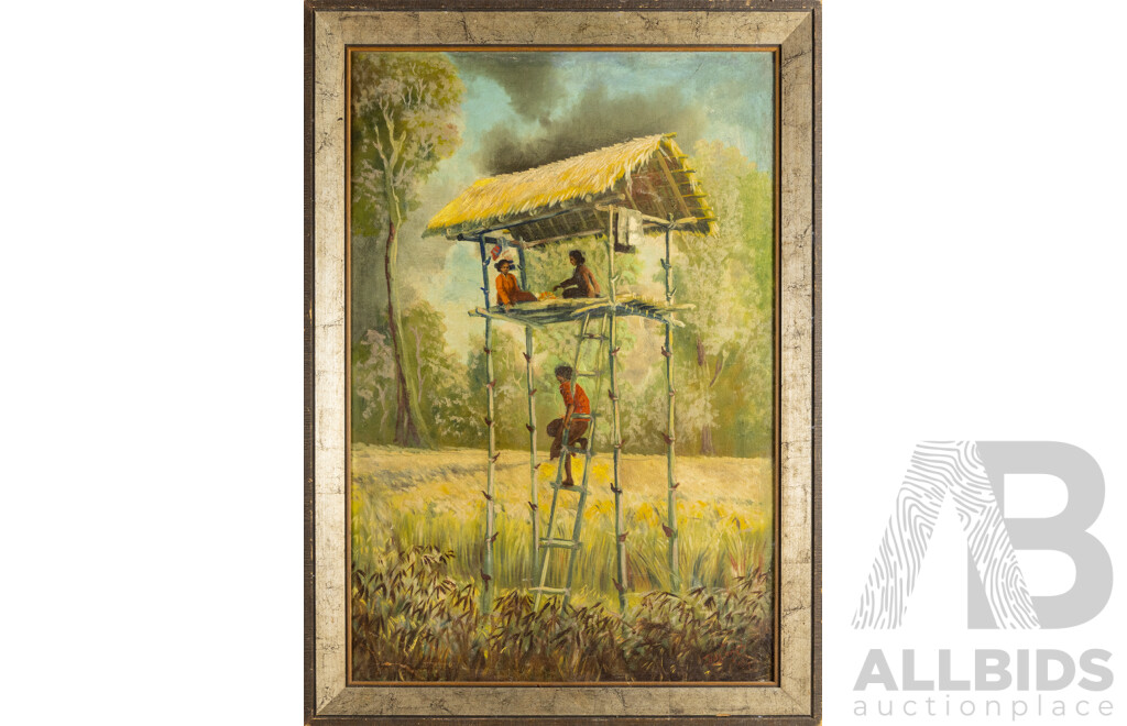 Signed Indistinctly, (20th Century, Asian School), Bahay Kubo [Stilt Hut] (c1930), Wonderful Antique Oil on Canvas Board, 71W x 100H cm (frame)