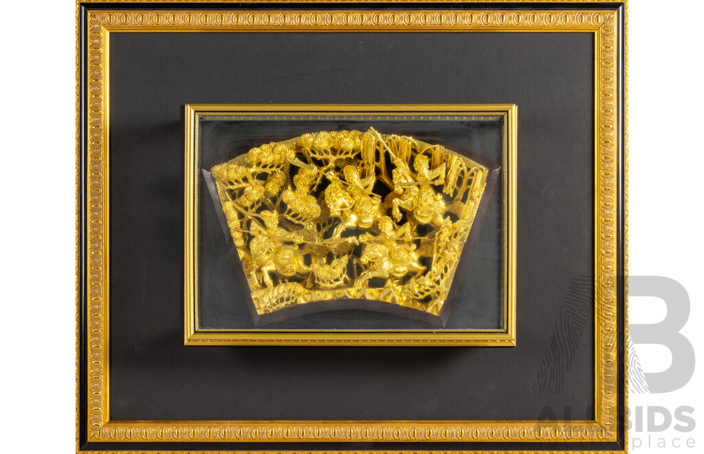 Artist Unknown (20th Century, Asian School), Vintage Chinese Temple Wood Carved Fighting Scene Panel Covered in Gold Leaf Gilt, 64W x 54H cm (frame)